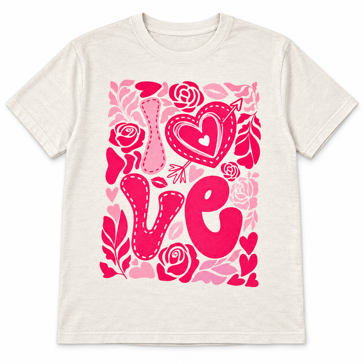 Light beige LOVE and roses retro graphic tee on a pure white background