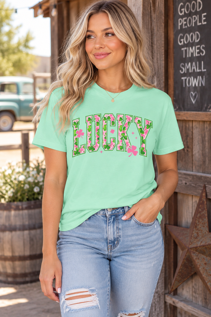 Woman wearing Lucky Shamrock mint St. Patrick&