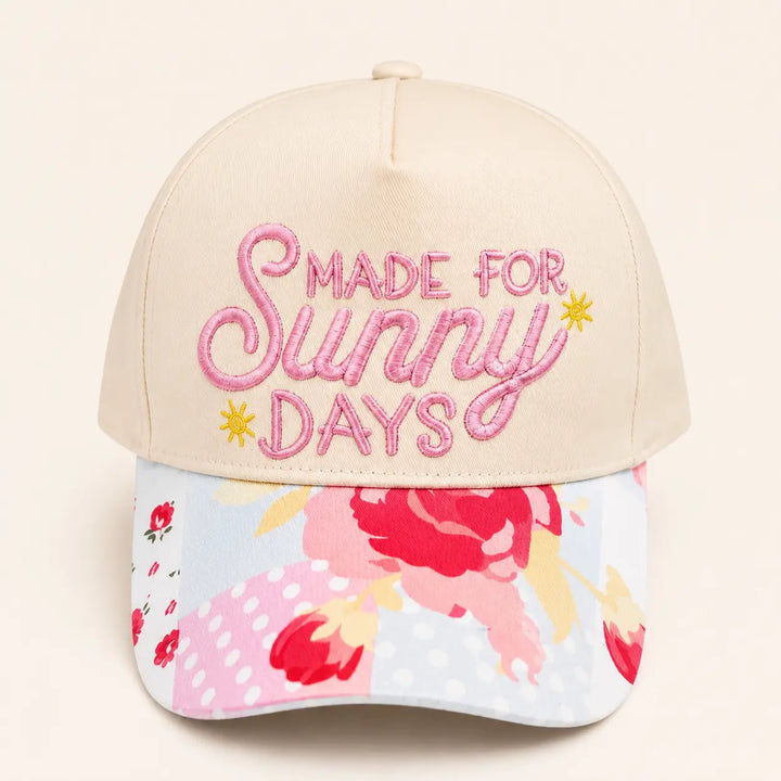 Cream Made for Sunny Days embroidered trucker hat with floral brim, product view