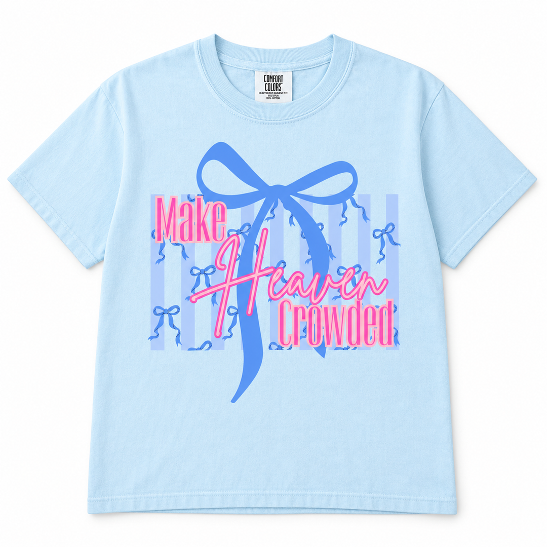 Make Heaven Crowded Chambray bow faith T-shirt flat product view