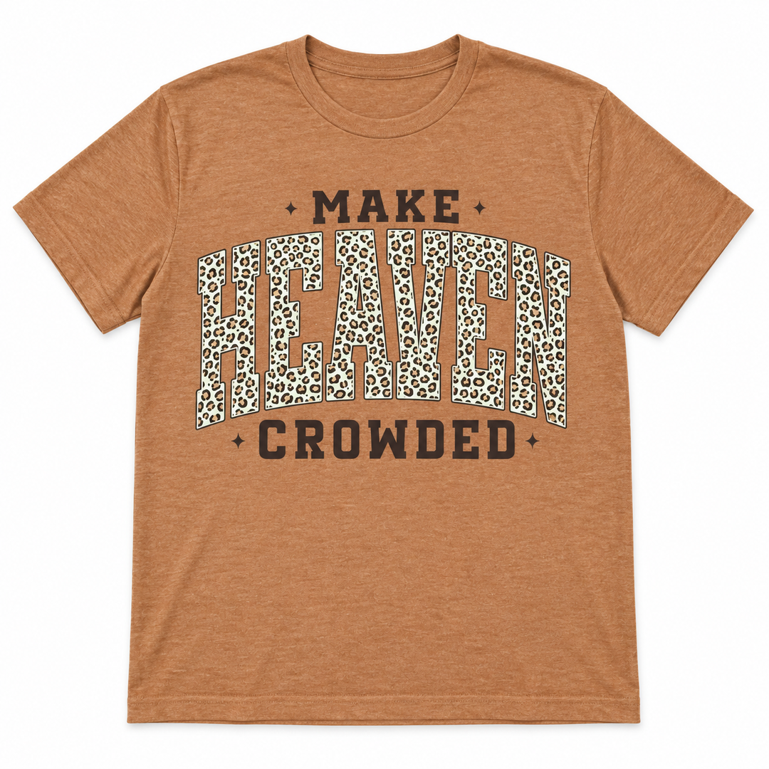Rust Make Heaven Crowded leopard-print faith graphic tee laid flat on pure white