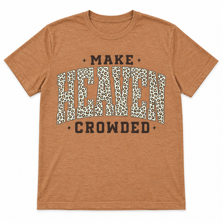 Rust Make Heaven Crowded leopard-print faith graphic tee laid flat on pure white