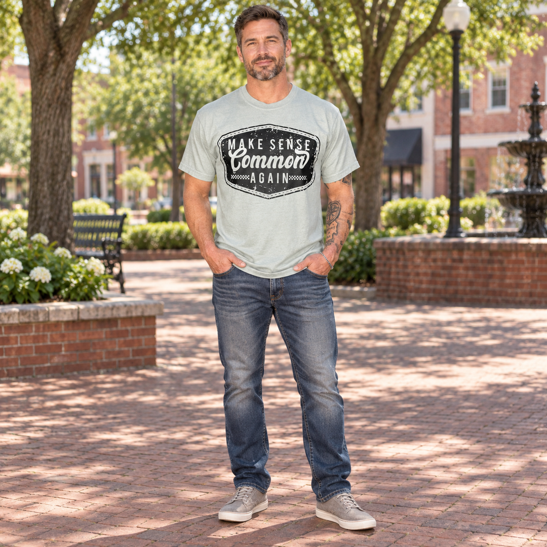 Full-length man wearing Make Sense Common Again Bay graphic T-shirt in a Southern town square