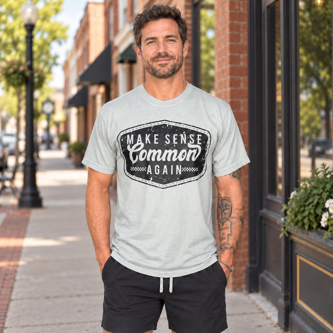 Man wearing Make Sense Common Again Bay graphic T-shirt in a complete-head two-thirds Southern lifestyle view