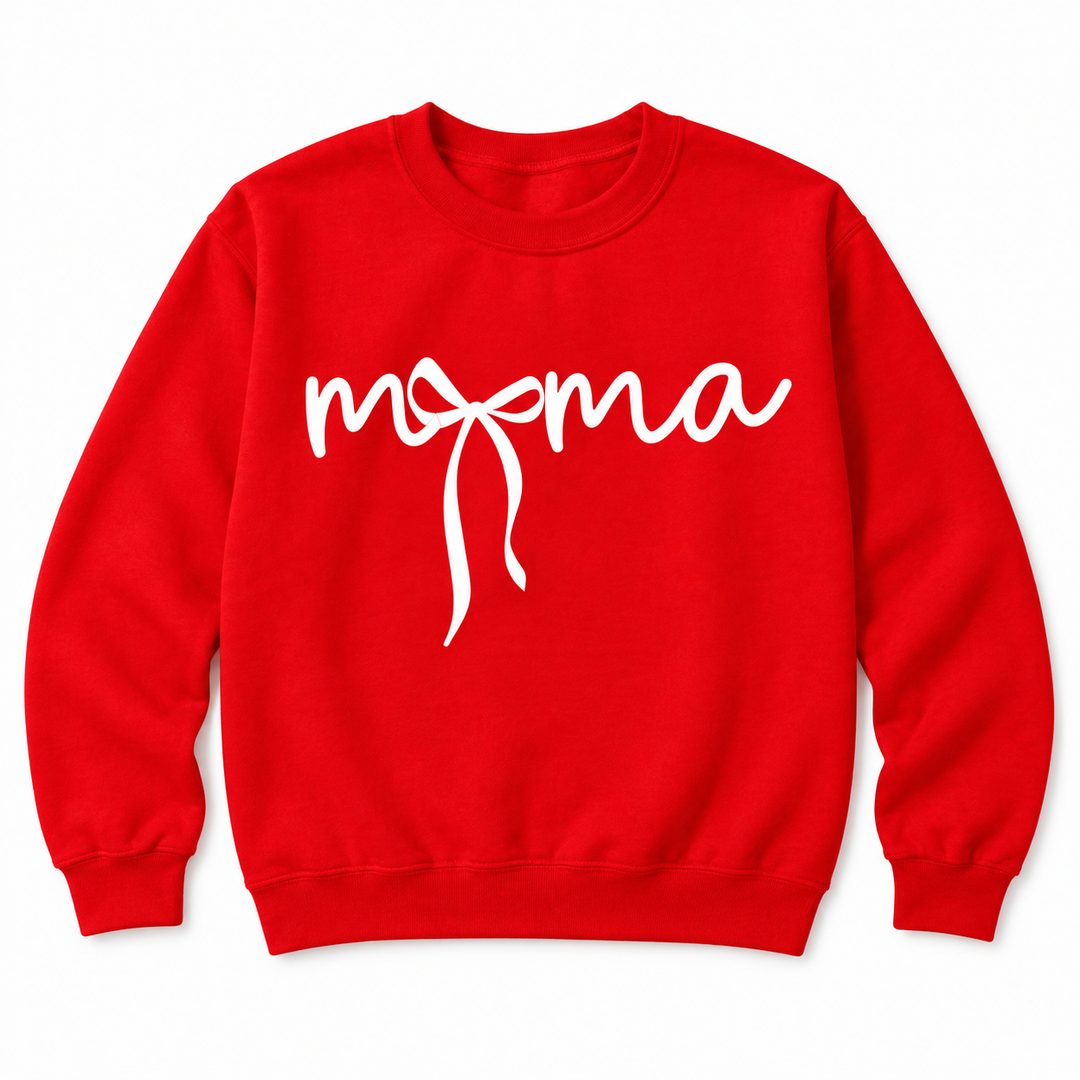 Mama Bow red graphic crewneck sweatshirt flat product view on white background