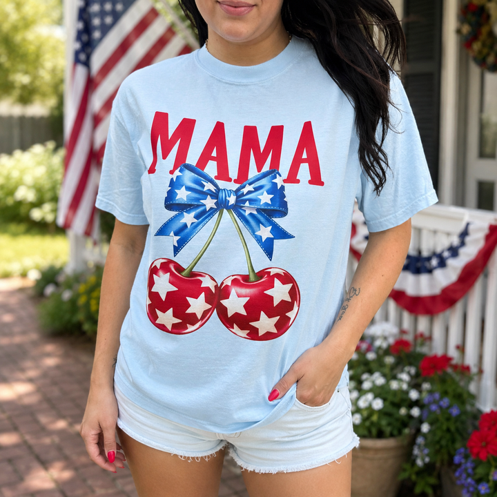 Woman wearing Mama Cherries patriotic chambray graphic tee