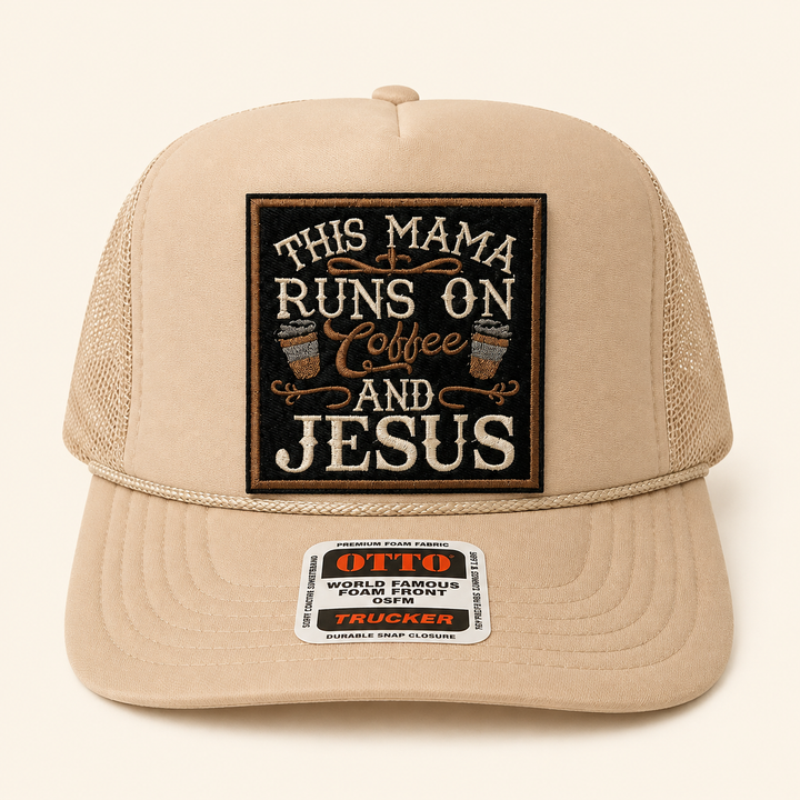 Tan This Mama Runs on Coffee and Jesus trucker hat with embroidered patch, product view