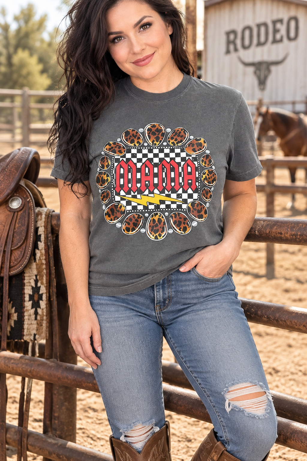Mama Leopard Concho pepper tee close Western ranch lifestyle