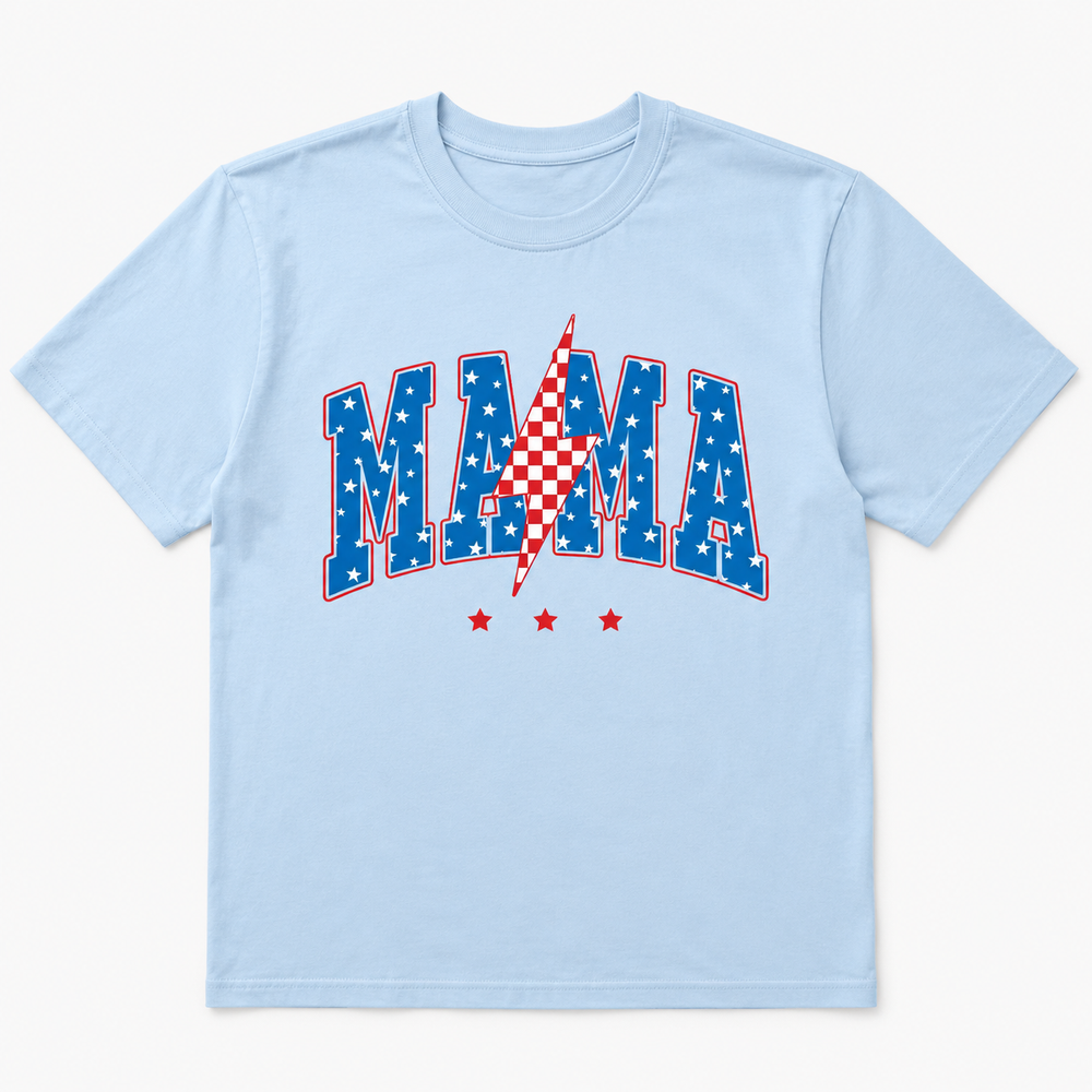 Mama Lightning Bolt pale-blue patriotic graphic tee with stars and checker bolt, front product view