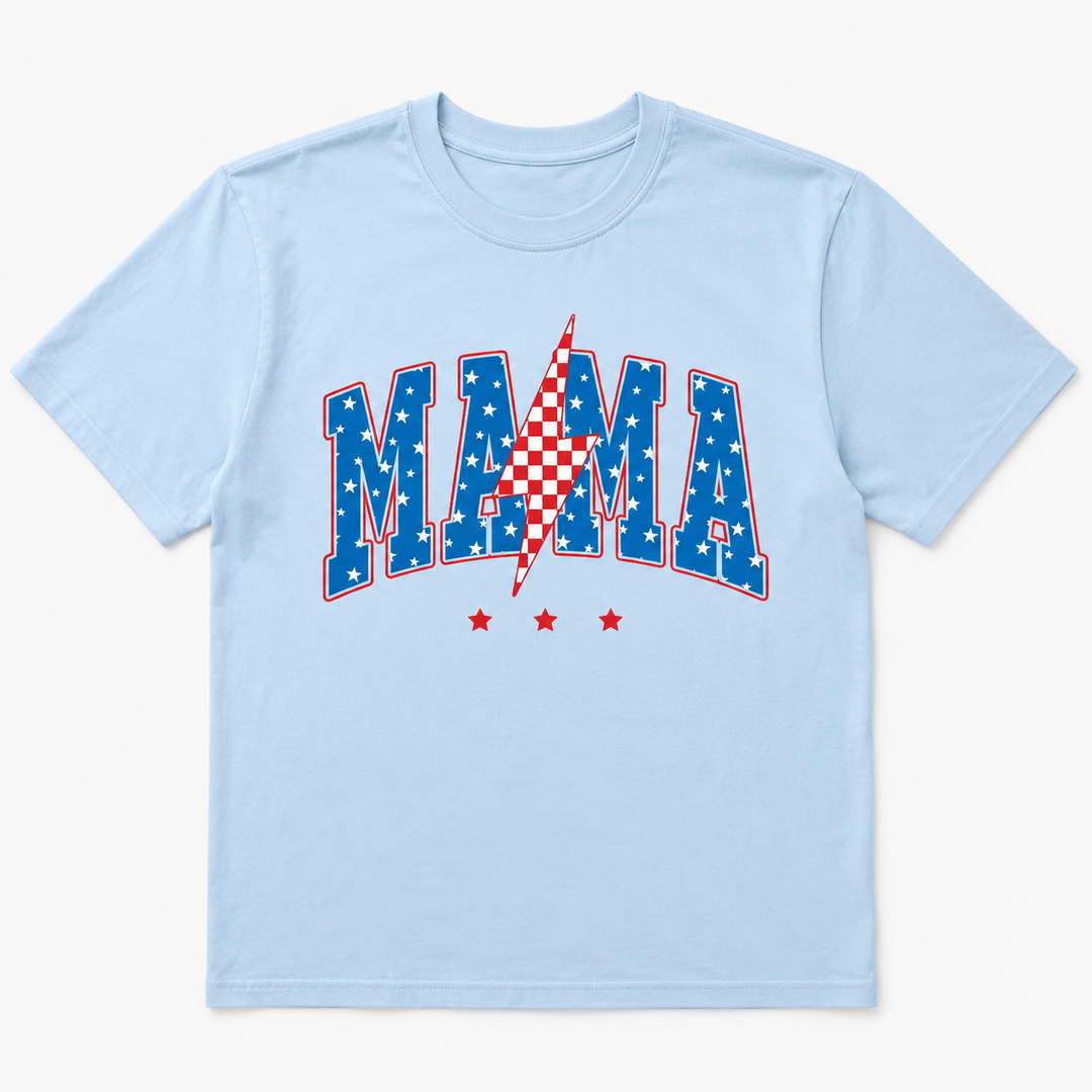 Mama Lightning Bolt pale-blue patriotic graphic tee with stars and checker bolt, front product view