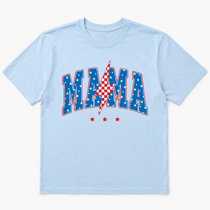 Mama Lightning Bolt pale-blue patriotic graphic tee with stars and checker bolt, front product view