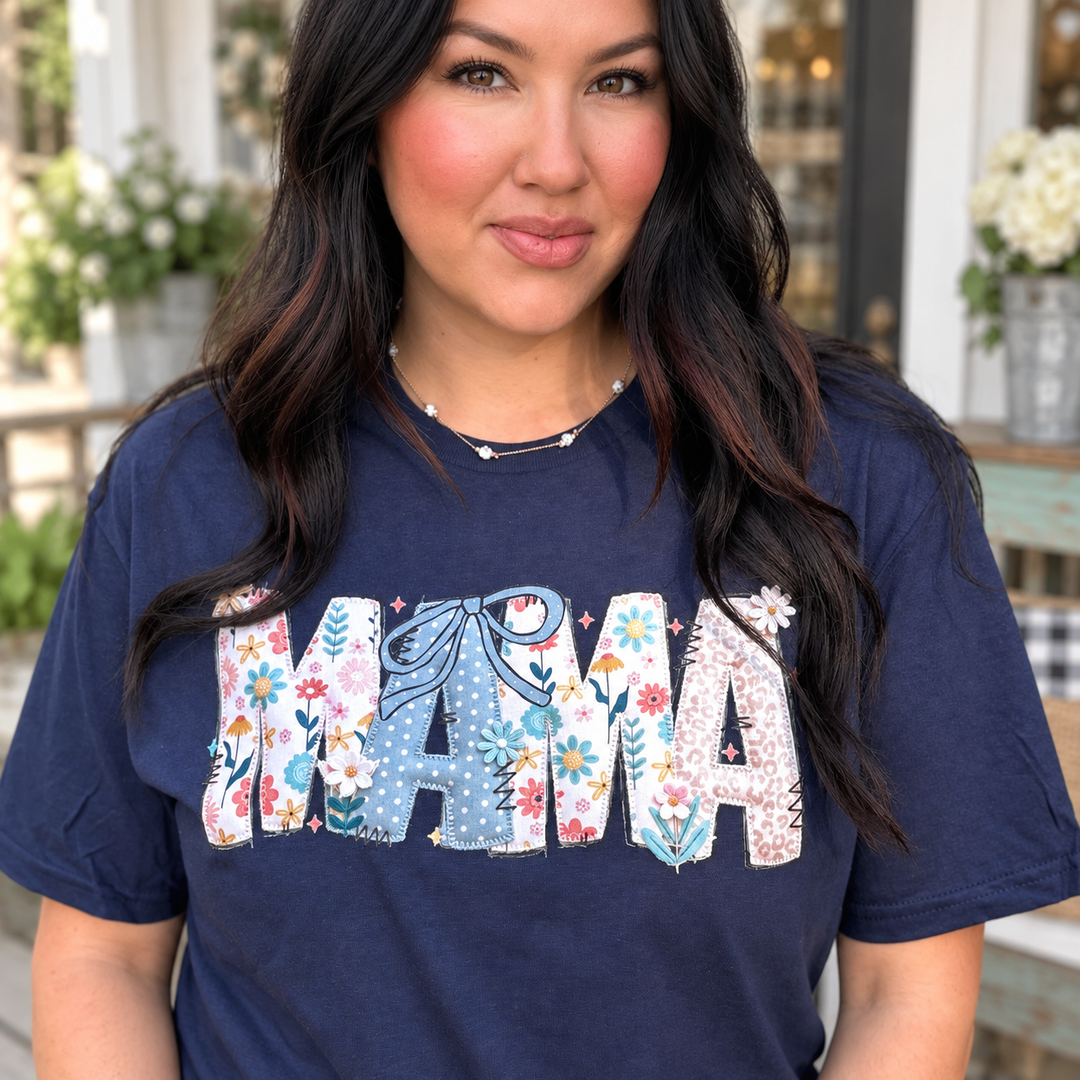 Mama Stitch Floral navy tee close-up model