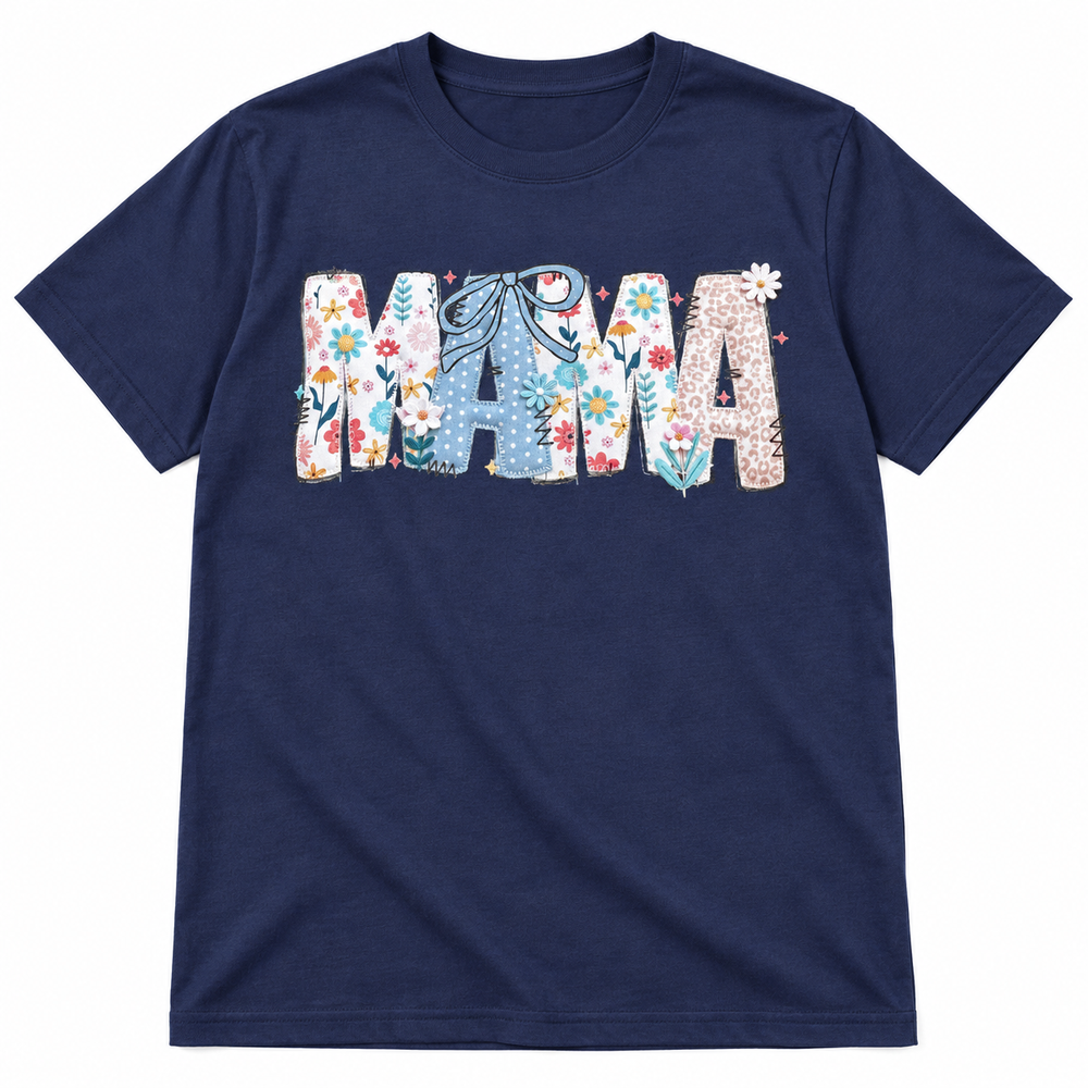 Mama Stitch Floral navy tee lay-flat on white