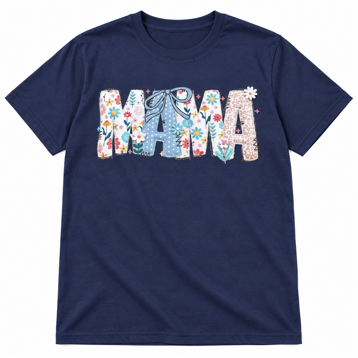 Mama Stitch Floral navy tee lay-flat on white