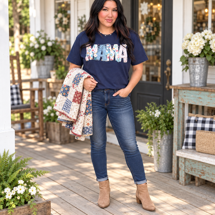 Mama Stitch Floral navy tee full-body quilt shop lifestyle