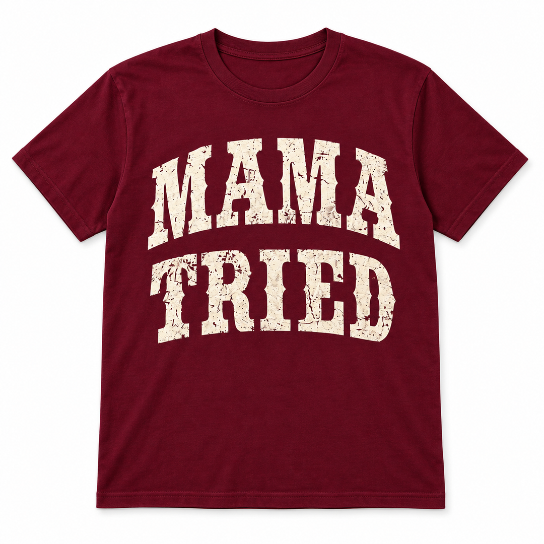 Mama Tried maroon tee lay-flat on white