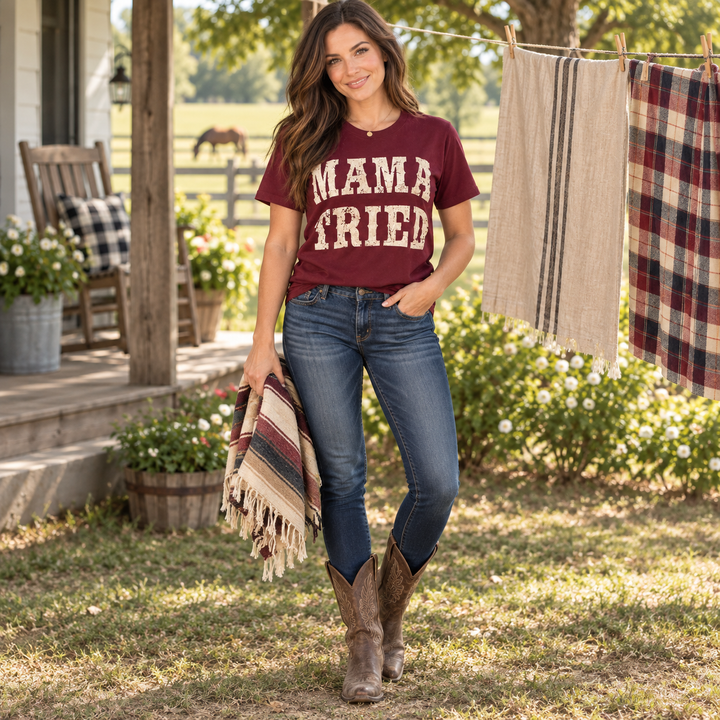 Mama Tried maroon tee full-body ranch-house lifestyle