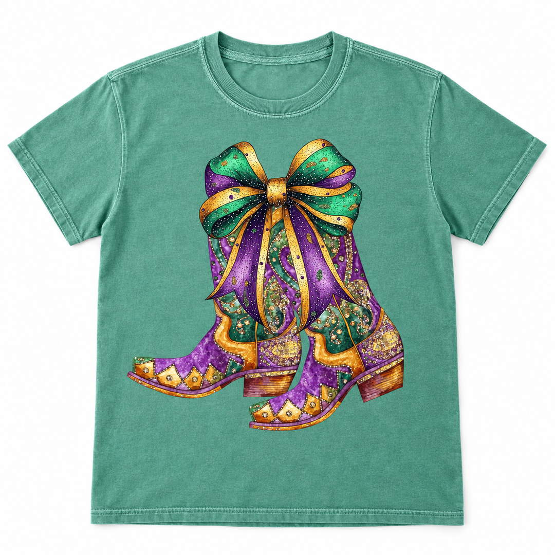 Colorful Mardi Gras boots light green graphic tee on white background