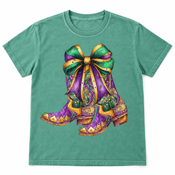 Colorful Mardi Gras boots light green graphic tee on white background