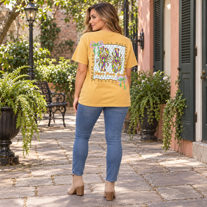 Preppy Mardi Gras bows mustard tee back graphic, full-body Louisiana lifestyle