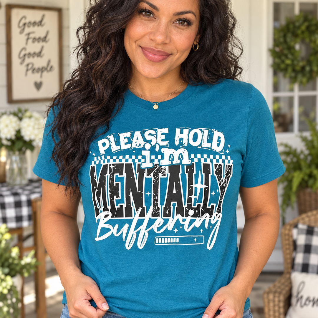 Mentally Buffering Teal tee close-up model