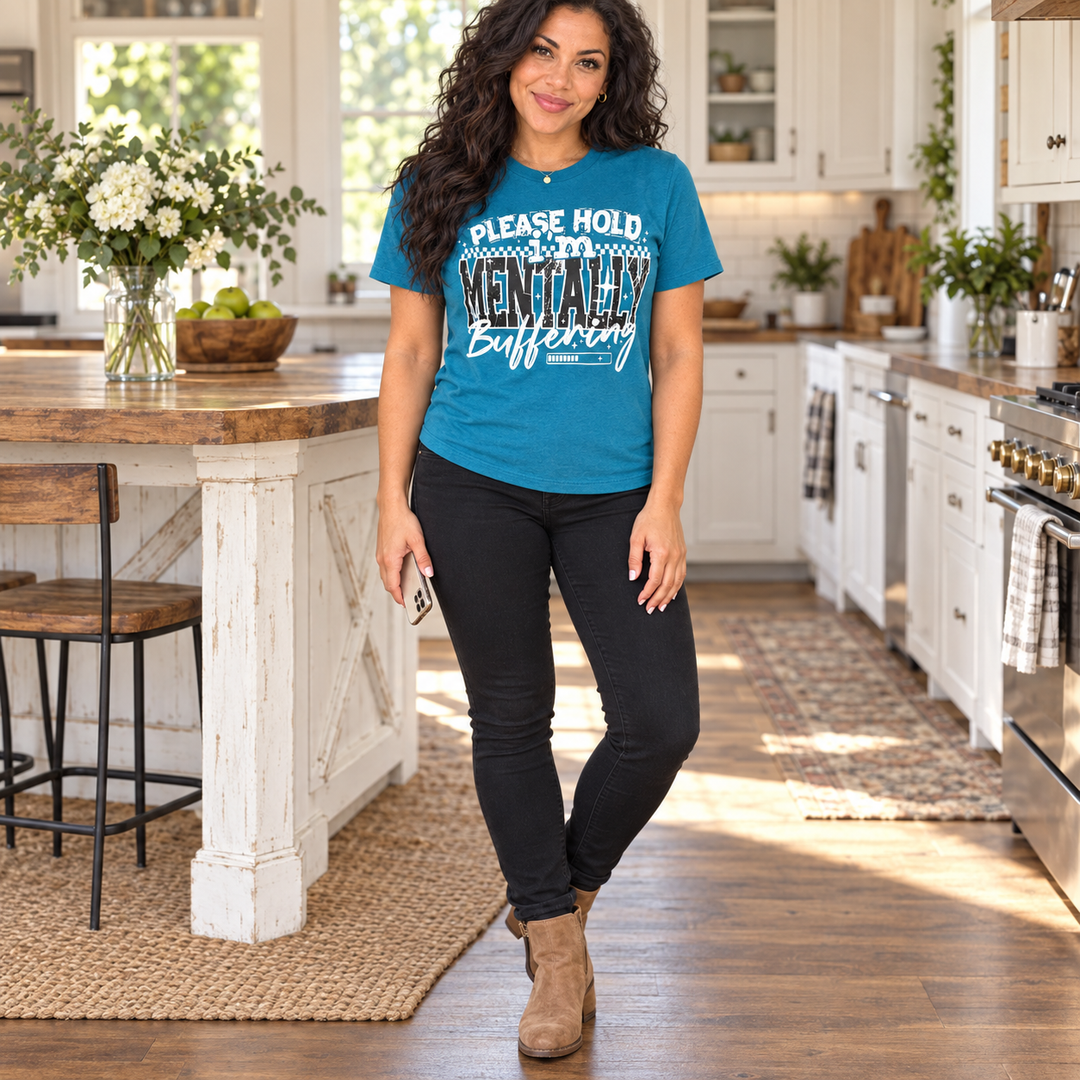 Mentally Buffering Teal tee full-body lifestyle