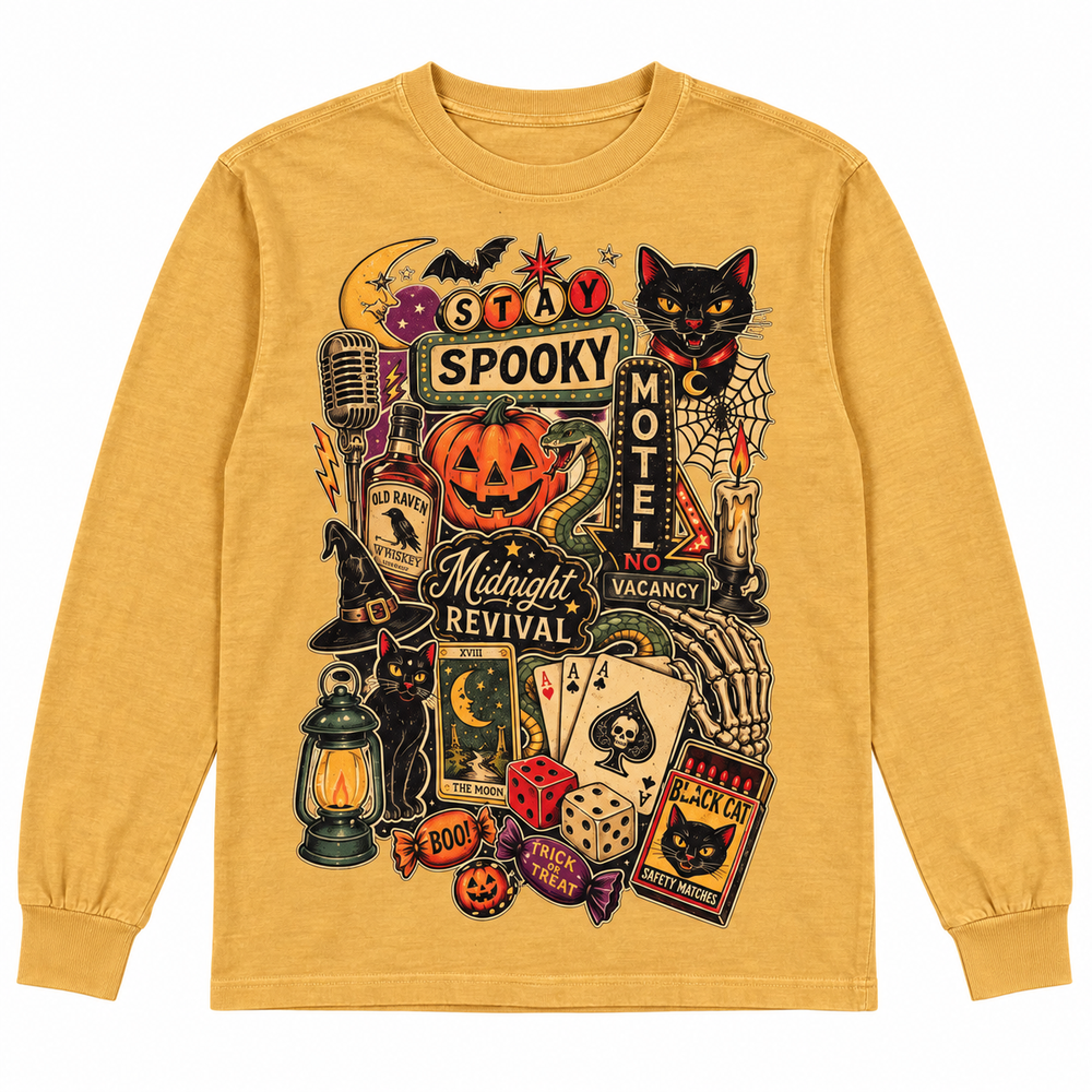 Midnight Spooky Hotel Collage mustard long-sleeve tee complete product view on pure white
