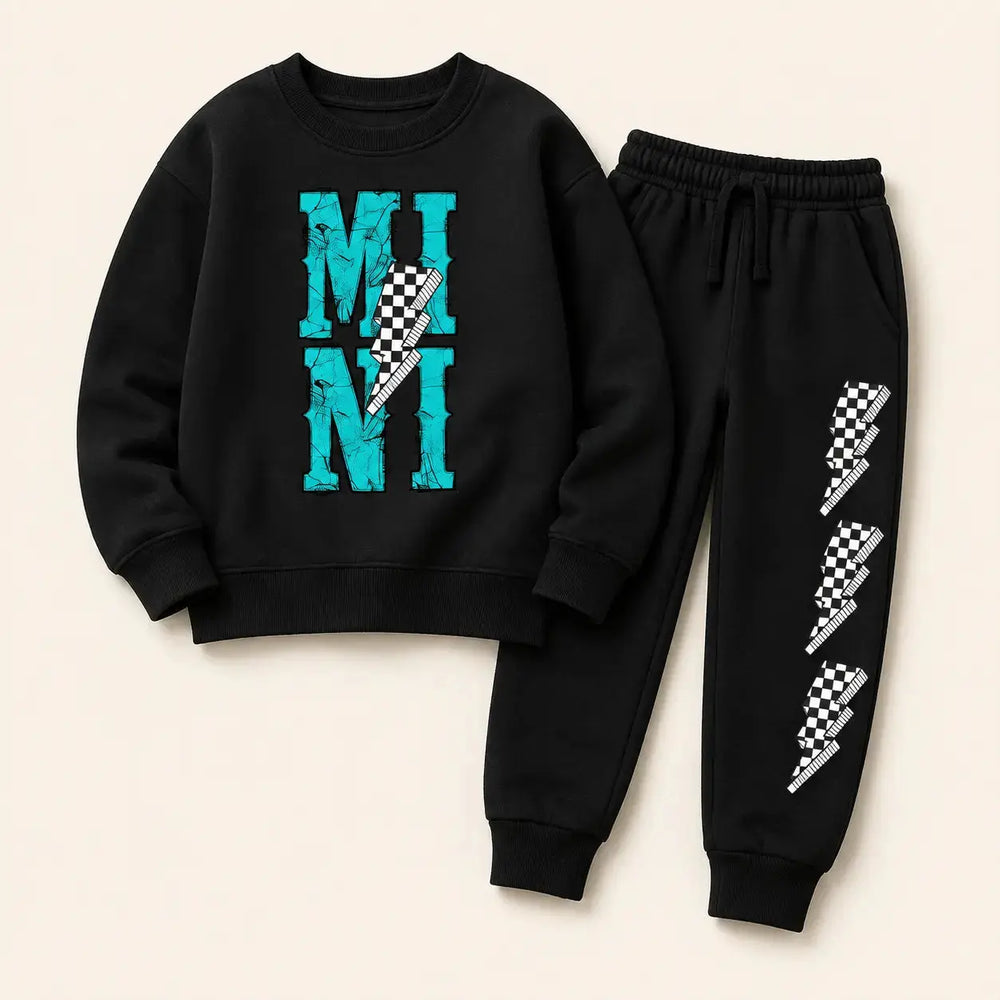 MINI Bolt black children’s sweatshirt and jogger set, front product view