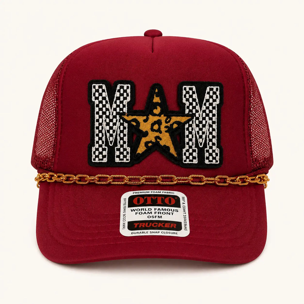 Burgundy MOM trucker hat with checkered letters, leopard star, and gold brim chain, product view