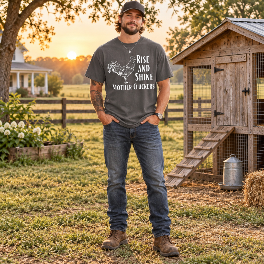 Full-length man wearing Mother Cluckers Rise and Shine Grey chicken T-shirt at a Southern farmhouse