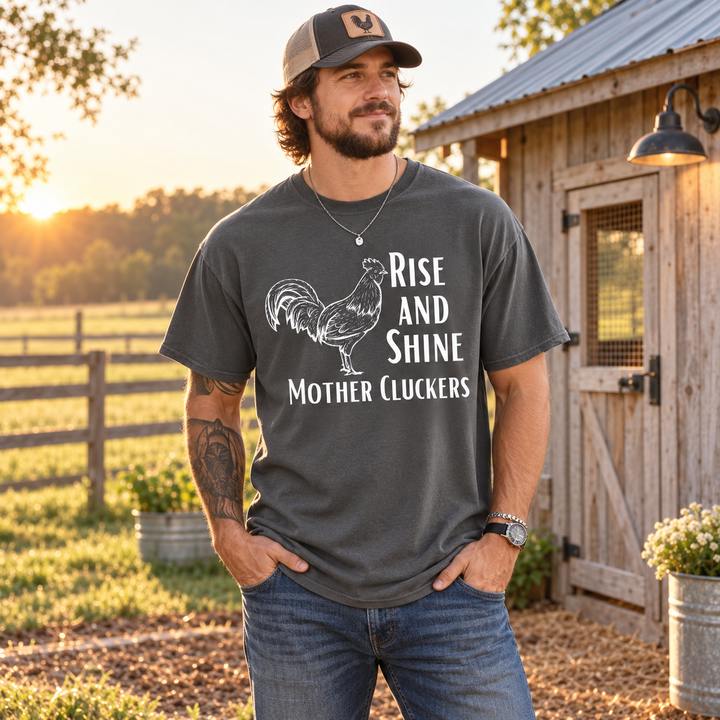 Man wearing Mother Cluckers Rise and Shine Grey chicken T-shirt in a complete-head two-thirds Southern farm view