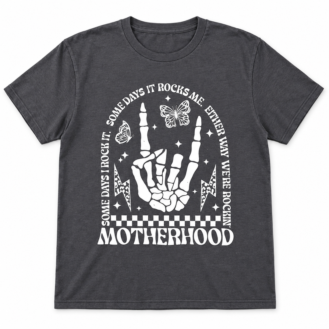 Motherhood Rocks charcoal graphic tee laid flat on white