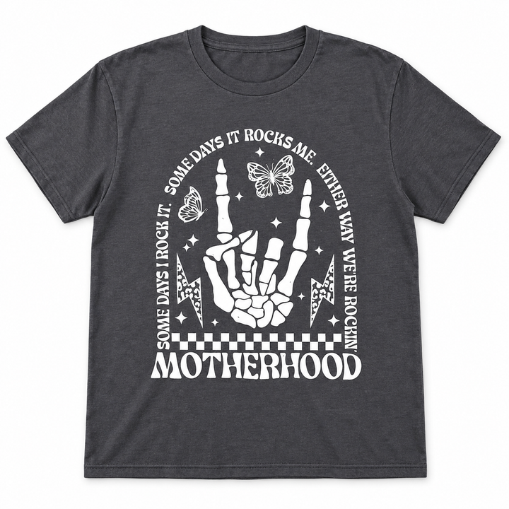 Motherhood Rocks charcoal graphic tee laid flat on white