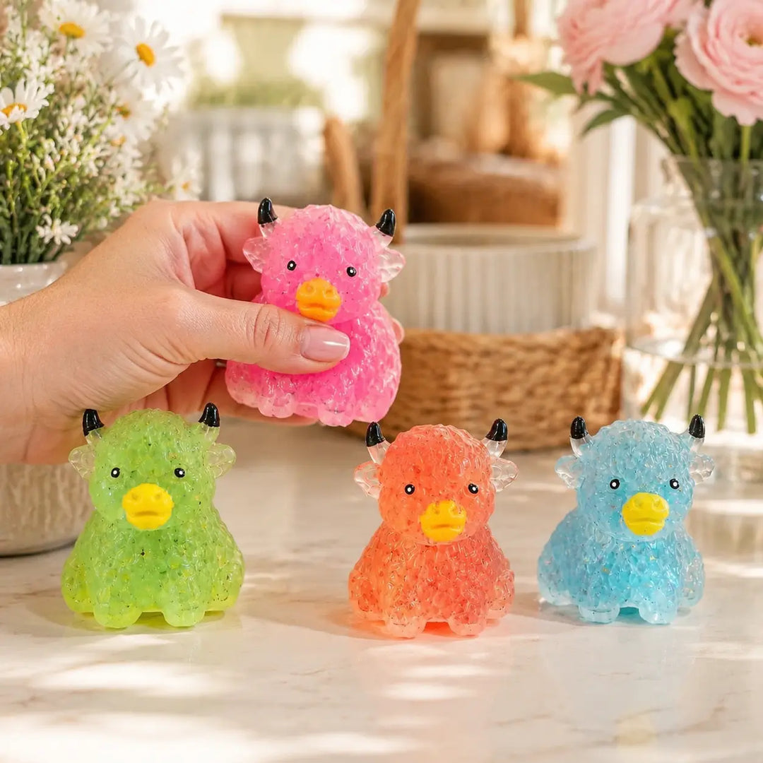Hand squeezing a pink Highland cow sugar texture squishy toy beside green, orange, and blue styles