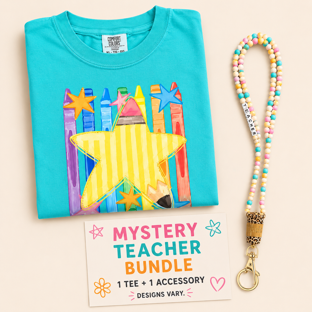 Mystery Teacher Bundle with one representative graphic tee and one accessory; designs vary