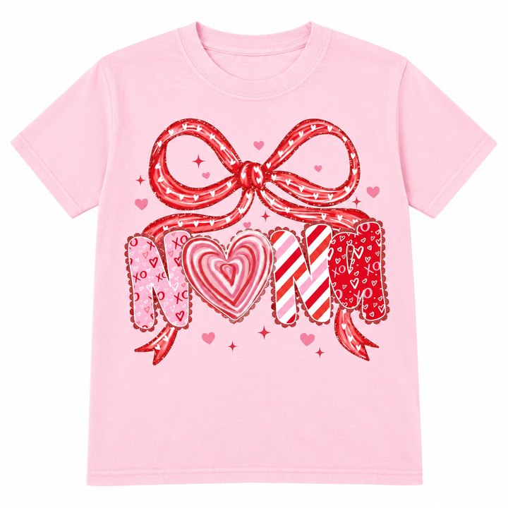Nana Valentine Bow Blossom pink graphic tee flat product view on white