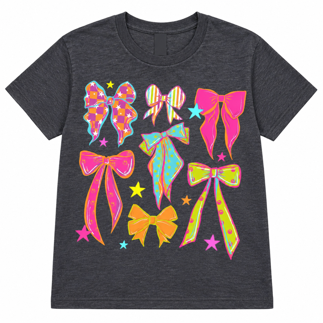 Neon Bows Heather Graphite Graphic Tee lay-flat on white background