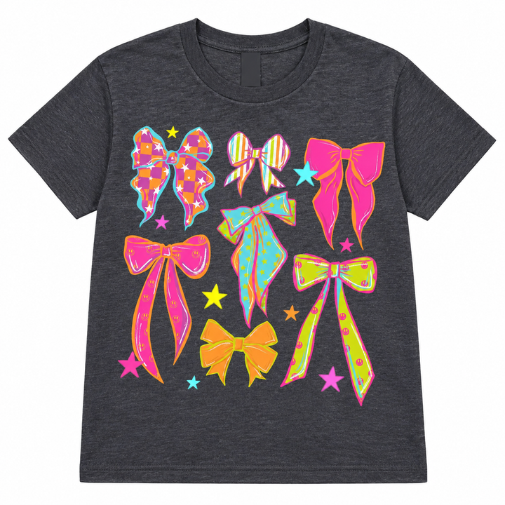 Neon Bows Heather Graphite Graphic Tee lay-flat on white background