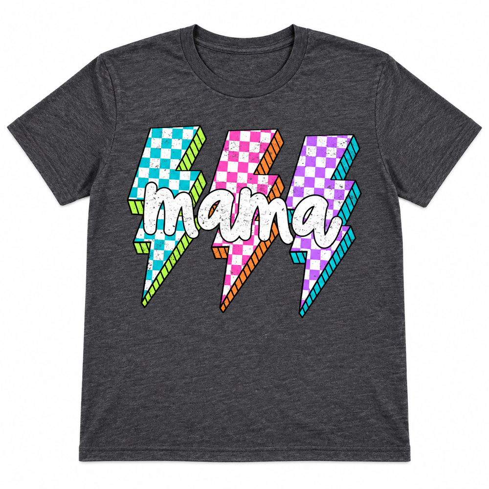 Neon Checkered Bolt Mama graphite tee lay-flat on white