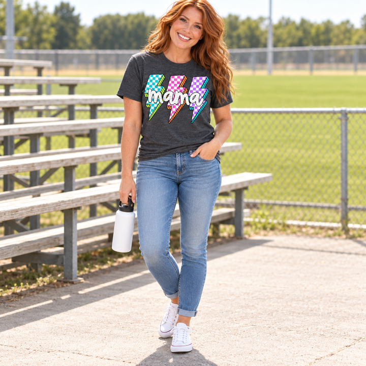 Neon Checkered Bolt Mama graphite tee full-body community field lifestyle
