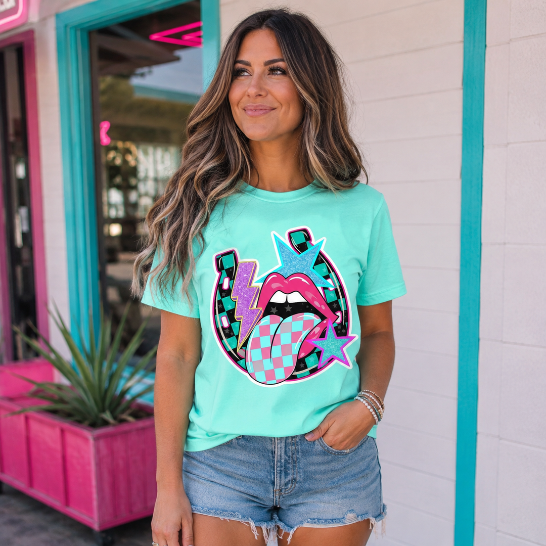 Woman wearing the Neon Horseshoe checkered mint Western graphic tee