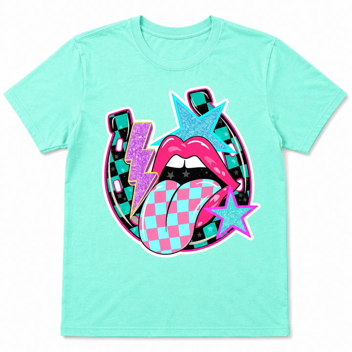 Neon Horseshoe checkered mint Western graphic tee on a clean studio background