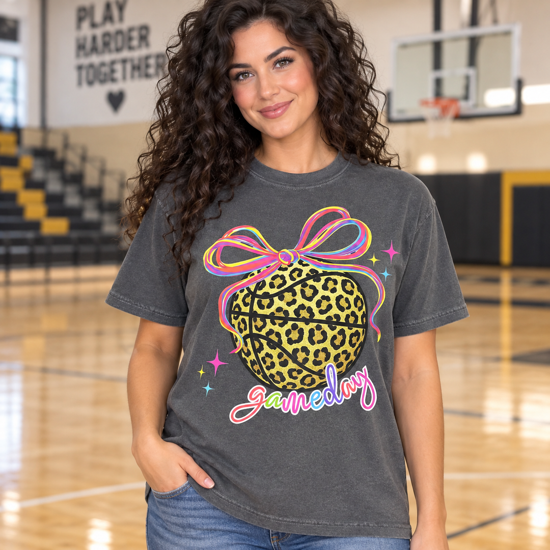 Neon Leopard Basketball Pepper game day tee on model, front view