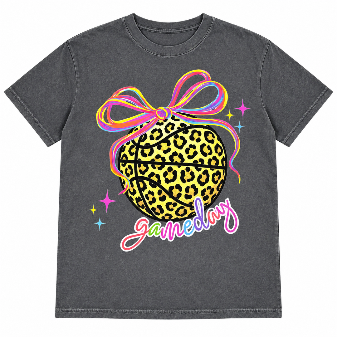 Neon Leopard Basketball Pepper game day tee, white background flat lay