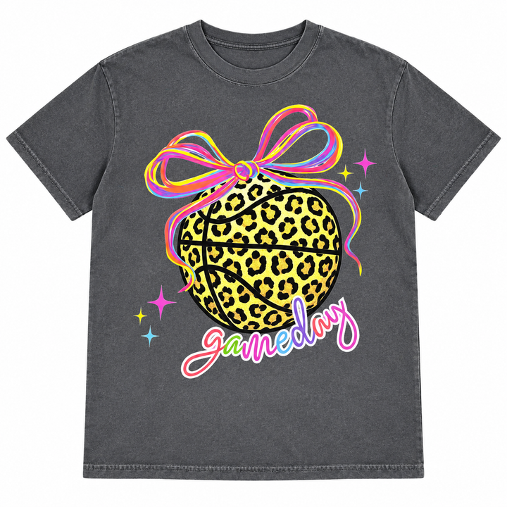 Neon Leopard Basketball Pepper game day tee, white background flat lay