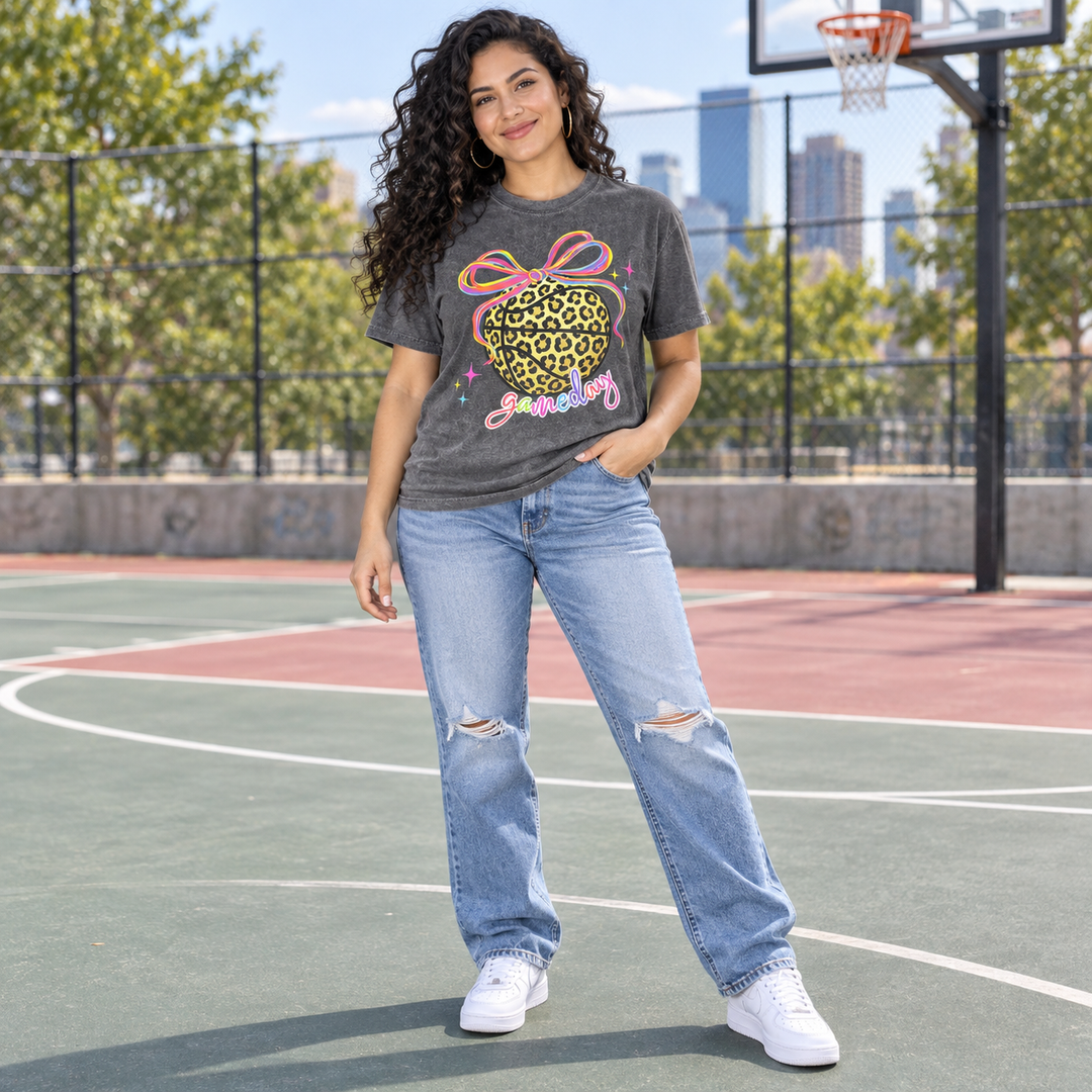 Neon Leopard Basketball Pepper game day tee styled at basketball court