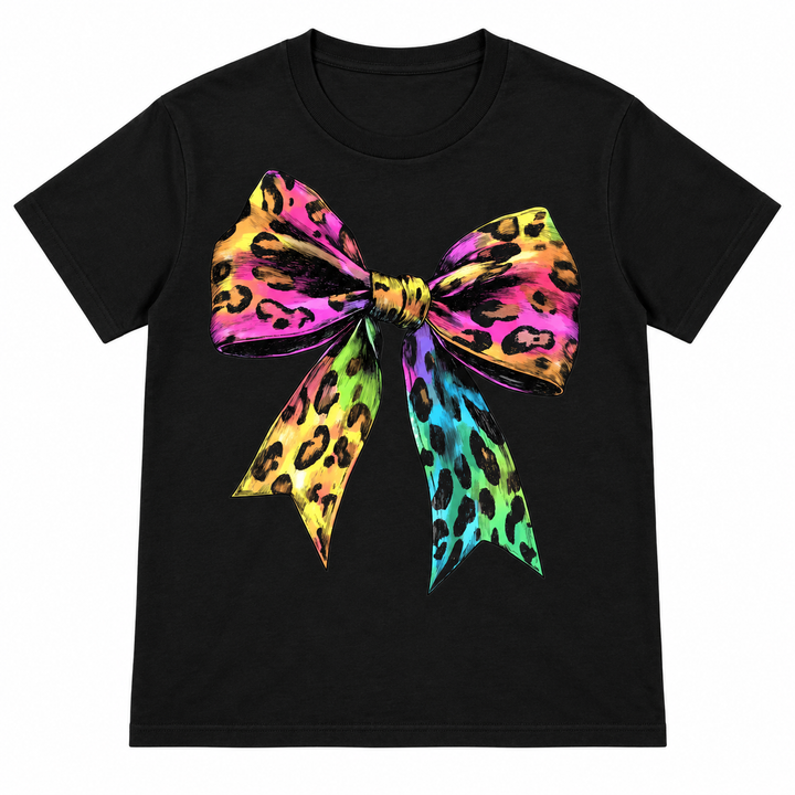 Neon Leopard Bow Black Graphic Tee lay-flat on white background