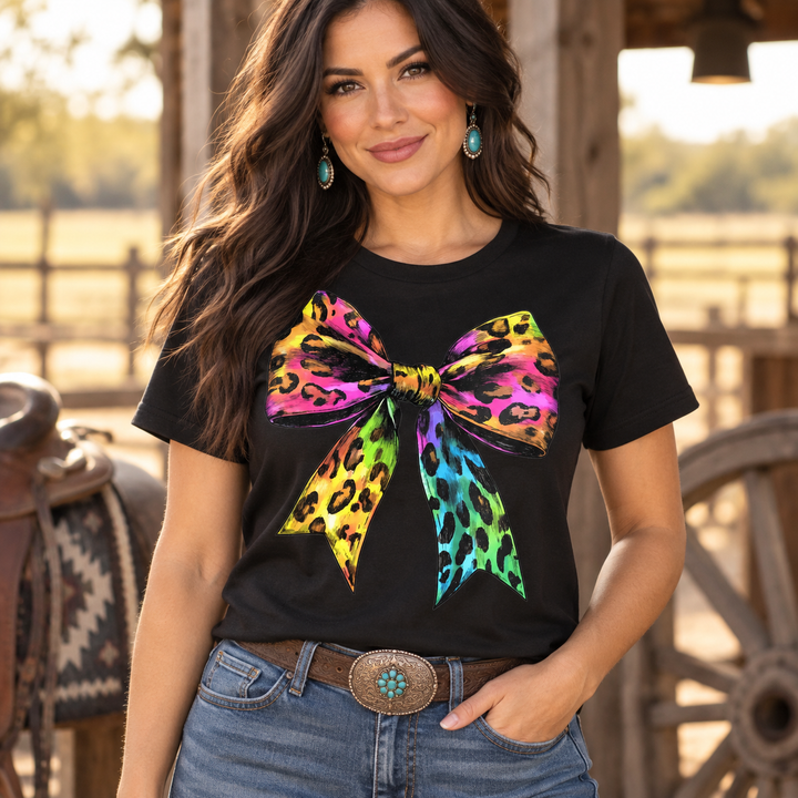 Woman wearing Neon Leopard Bow Black Graphic Tee in a Western ranch setting