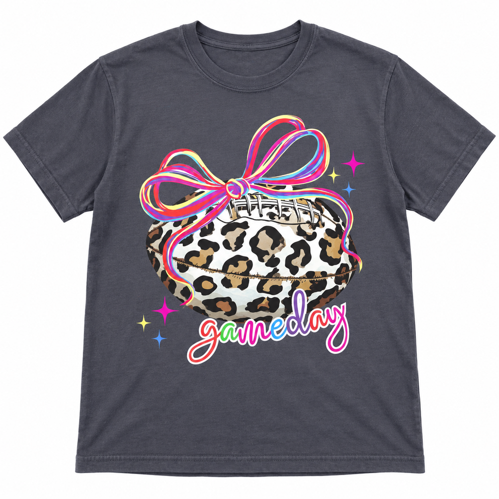Neon Leopard Football Graphite Game Day tee single-garment lay-flat on pure white