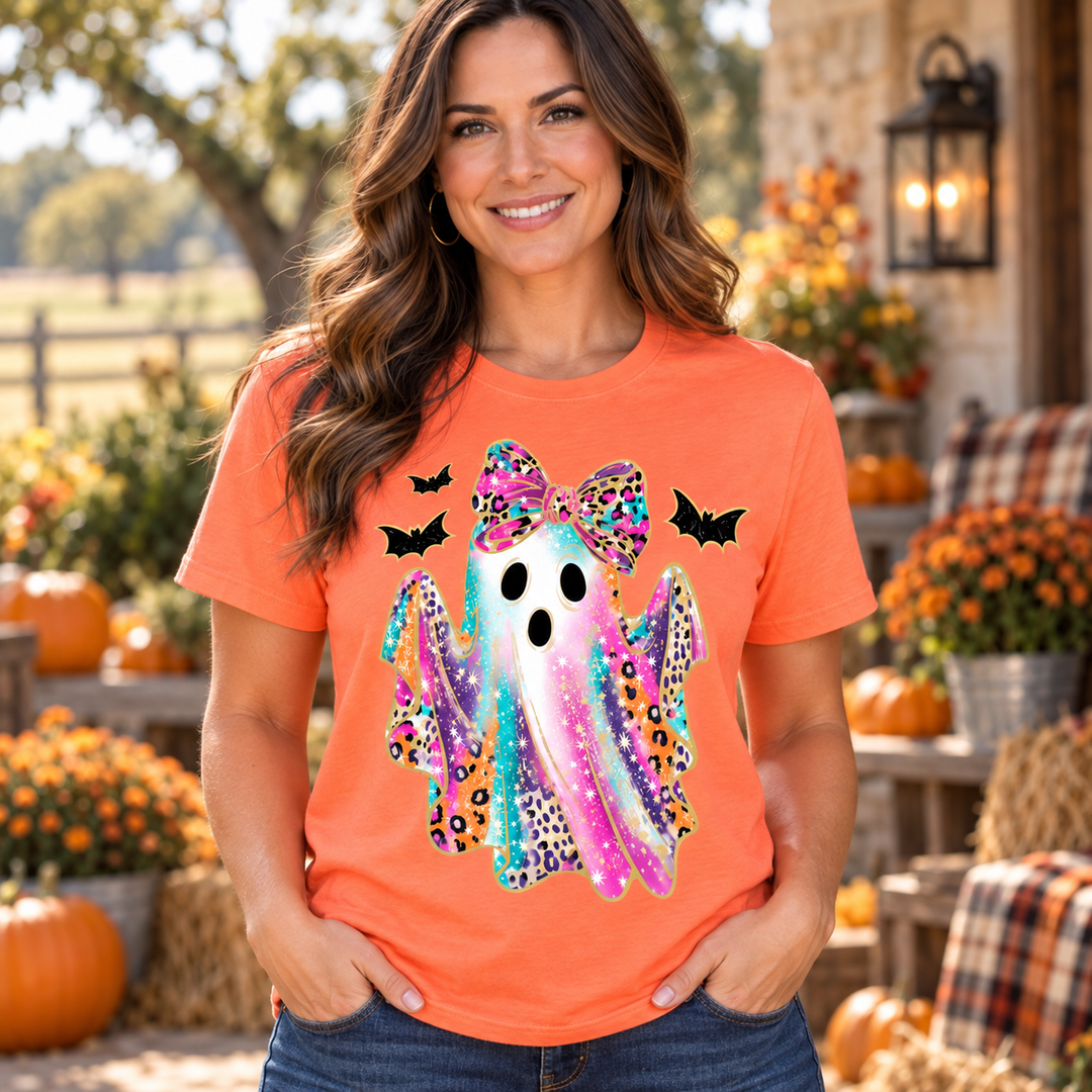 Neon Leopard Ghost cantaloupe Halloween tee close model view on a small-town autumn porch